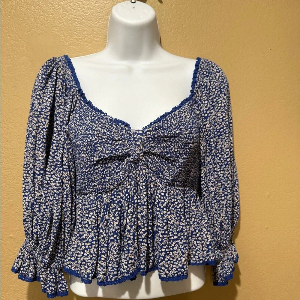 Free People‎ Brittnee Print Smocked Back Peplum Top in Blue Combo Size XS